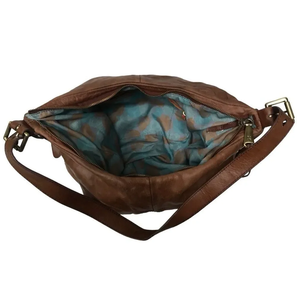 Hobo International Brand Camel Leather Shoulder‎ Bag with Blue Floral Liner